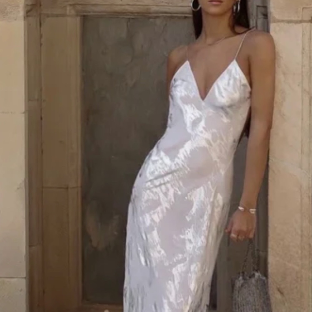 ZARA Long metallic slip dress white silver